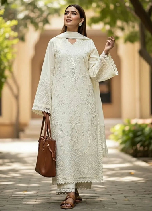 3PC Lawn Chiken Kari Embroidered Shirt with Embroidered Dupatta